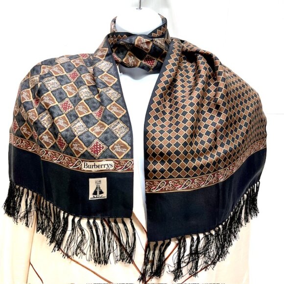 2 Ways Burberrys 100% Silk Satin Scarf 60"x13" Brown black Check Art Fring (1 - Picture 4 of 16
